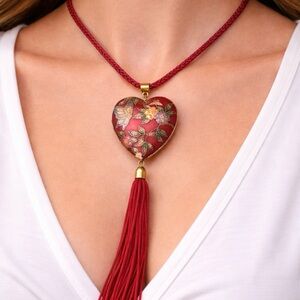 Vintage Chinese Pendant Tassel Necklace 28 in Red Cloisonné Enamel Bird Flower